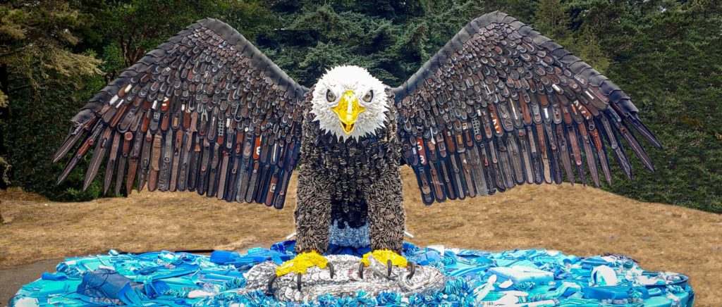 Sculpture of an eagle made entirely out of garbage that washed ashore on Oregon's beaches.