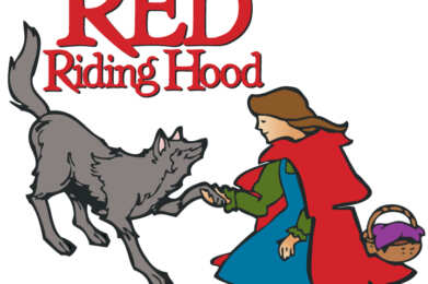 Little Red Riding Hood greets a wolf with red letters above them