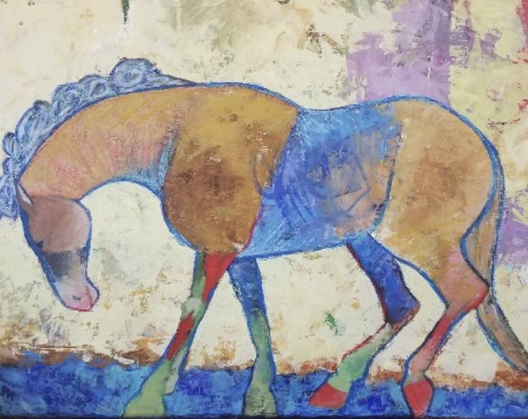 Painting of a horse using colorful lines and interesting geometry